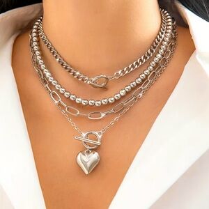 4 pc Layered Silver Heart Toggle Necklace set